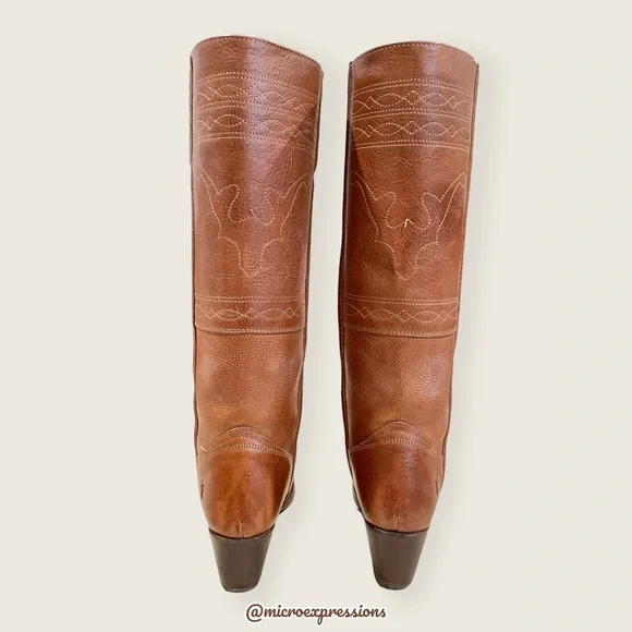 1970 Frye VINTAGE RARE Deer/Moose Cognac Leather Campus Knee High Tall Heel Boot - Picture 5 of 13